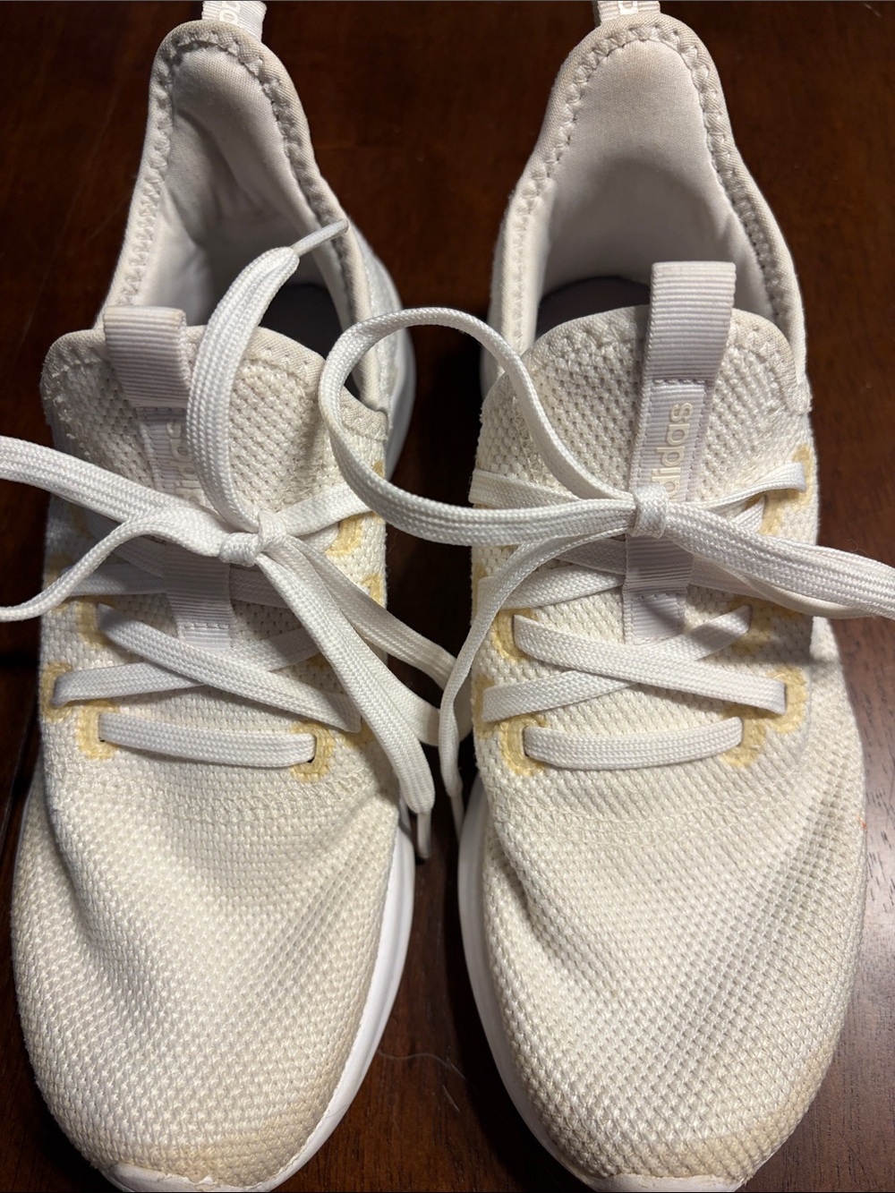 adidas White Knit Athletic Sneakers with Light Yellow Accents